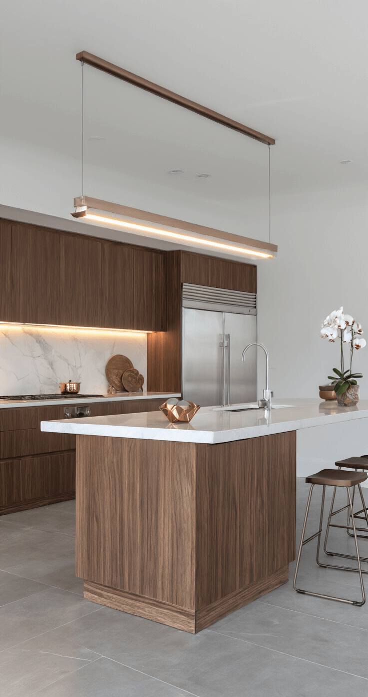 Waarom een houten keuken de perfecte keuze is voor jouw droomhuis Professionele interieurfotografie van een moderne keuken met notenhouten fineer, witte quartz werkbladen en marmeren backsplash, vastgelegd in zacht ochtendlicht.