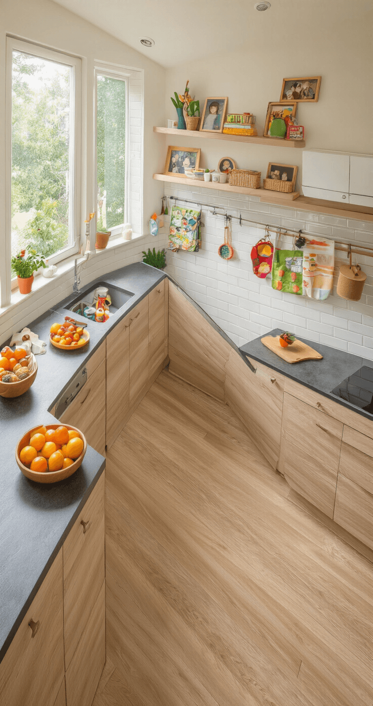Waarom een houten keuken de perfecte keuze is voor jouw droomhuis Professionele interieurfoto van een keuken met hout-look laminaat, in helder daglicht gefotografeerd vanuit een verhoogd perspectief. De L-vormige lay-out toont licht berkenhout kasten, donker graniet werkbladen en een witte subway tegelachtergrond, met gezinsvriendelijke styling en praktische opbergoplossingen.