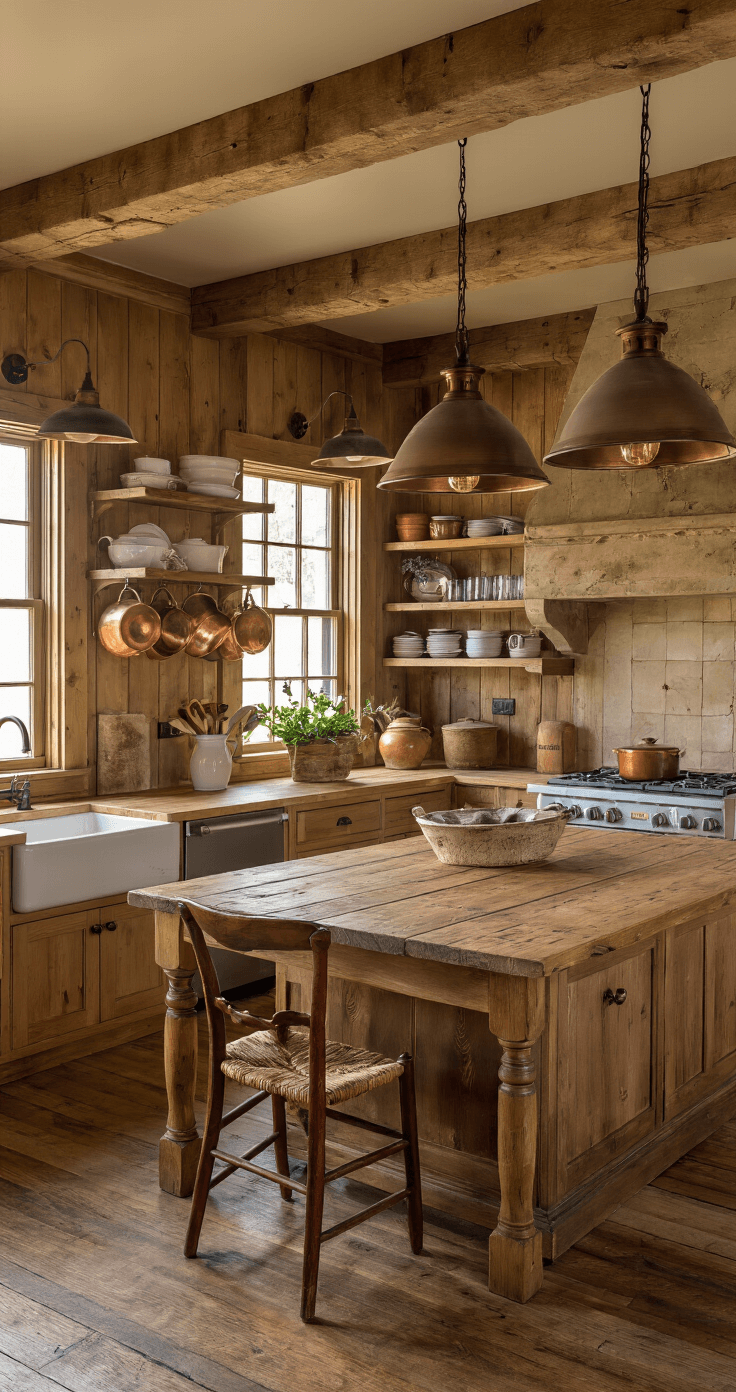 Waarom een houten keuken de perfecte keuze is voor jouw droomhuis Professionele interieurfotografie van een rustieke houten keuken in landelijke stijl bij zonsondergang, met dikke dennenkasten, traditionele shakerdeuren en smeedijzeren accenten, warm licht van hanglampen en een gezellige sfeer.