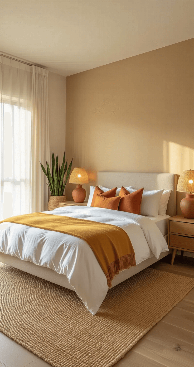 Warme Slaapkamer: Zo Creëer Ik de Perfecte Balans Tussen Comfort en Gezonde Slaap Wide-angle interieurfoto van een ruime slaapkamer tijdens het gouden uur, met natuurlijk licht dat door sheer gordijnen stroomt. De kamer heeft muren in warme zandkleur, een kingsize bed met frisse witte lakens en terracotta accentkussens. Warme eiken nachtkastjes flankeren het bed, verlicht door keramische lampen met een zachte gloed. Een jute vloerkleed verankert de ruimte, terwijl Sansevieria planten in geweven manden een natuurlijk element toevoegen. Opgenomen vanuit de voet van het bed op borsthoogte.