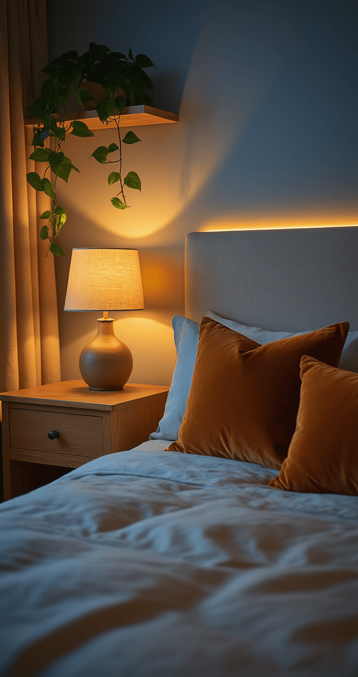 Warme Slaapkamer: Zo Creëer Ik de Perfecte Balans Tussen Comfort en Gezonde Slaap Intieme close-up van een slaapkamerhoek tijdens het blauwe uur met kunstmatige verlichting, gefocust op een warm eiken nachtkastje en een gedimde lamp met linnen kap. Rijke fluwelen kussens in burnt orange en diep mosterd zijn kunstzinnig gerangschikt tegen zandbeige bedlinnen. Een kleine pothosplant hangt van een zwevende plank erboven. Warme LED-stripverlichting straalt achter de beklede hoofdbord in warm beige linnen. Op ooghoogte vanuit het bed genomen, met dramatische schaduwen en hoogtepunten die de texturen van stoffen benadrukken.