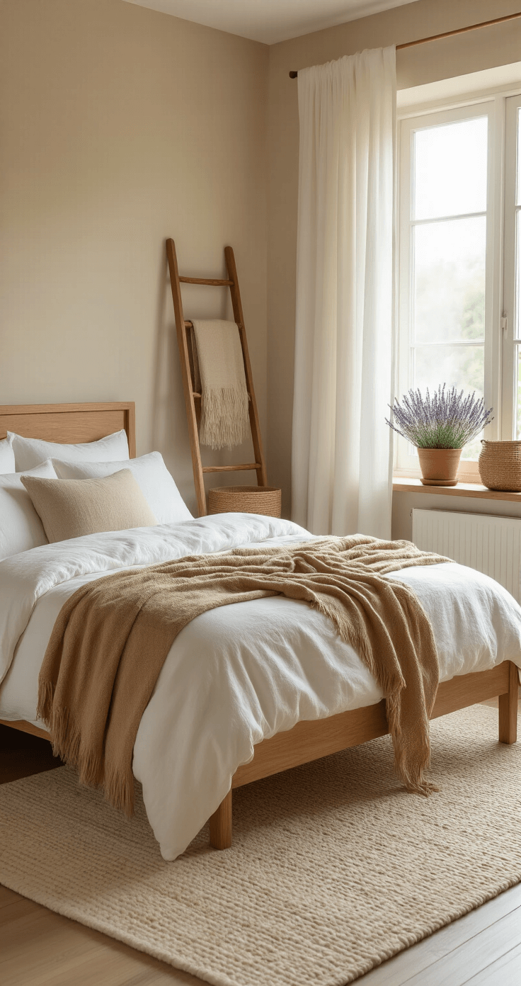 Warme Slaapkamer: Zo Creëer Ik de Perfecte Balans Tussen Comfort en Gezonde Slaap Serene slaapkamer in de ochtend met natuurlijk licht dat door witte linnen gordijnen valt. Minimalistisch interieur met een zandkleurige accentmuur, een eiken bed en een camel kleurige wolthrow op wit katoen. Een vintage houten ladder met geweven manden en een crèmekleurig tapijt. Lavendel op de vensterbank voor een paarse accentkleur. Opgenomen vanaf de deur bij staande hoogte.