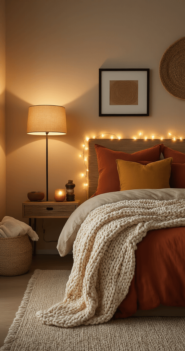 Warme Slaapkamer: Zo Creëer Ik de Perfecte Balans Tussen Comfort en Gezonde Slaap Sfeervolle slaapkamer met warm kunstlicht om 21.00 uur, met een vloerlamp, warm-witte LED-lichtjes en accentlampen. Zachte zandkleurige muren, terracotta en mosterdtextiel, met een romige, chunky gebreide deken. Donkerhouten fotolijsten en geweven wandversieringen zorgen voor visuele warmte. Schot vanuit hoekperspectief benadrukt de warme lichten en intieme schaduwen.