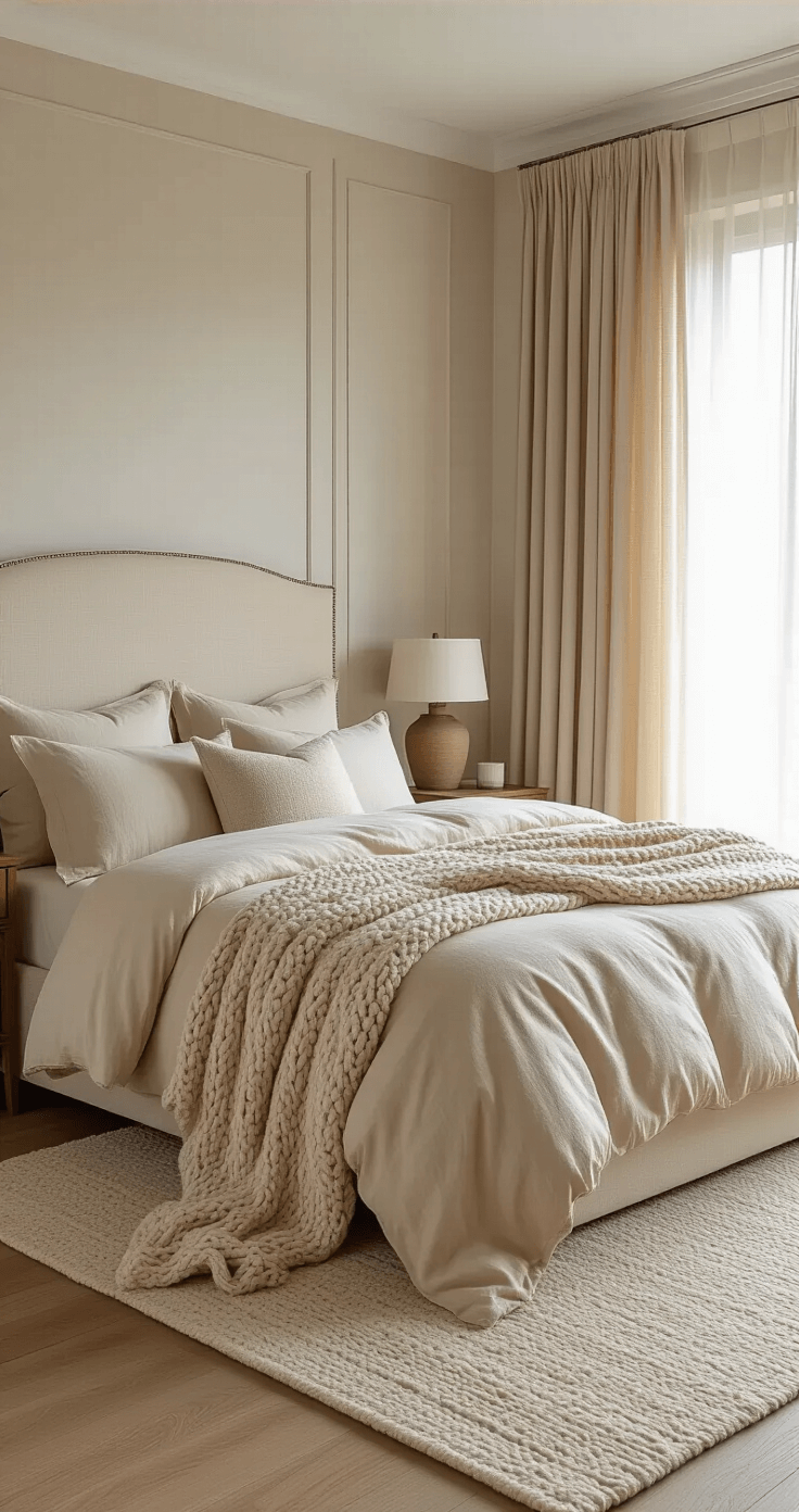 Beige Slaapkamer: Mijn Gids voor een Rustgevende Slaapkameroase Fotorealistisch interieur van een master slaapkamer met luxe beige lagen beddengoed als centraal punt, zachte natuurlijke verlichting door linnengordijnen in warme zandtinten, een kingsize bed met een crèmekleurig hoofdbord tegen een accentmuur, en een gezellige sfeer.