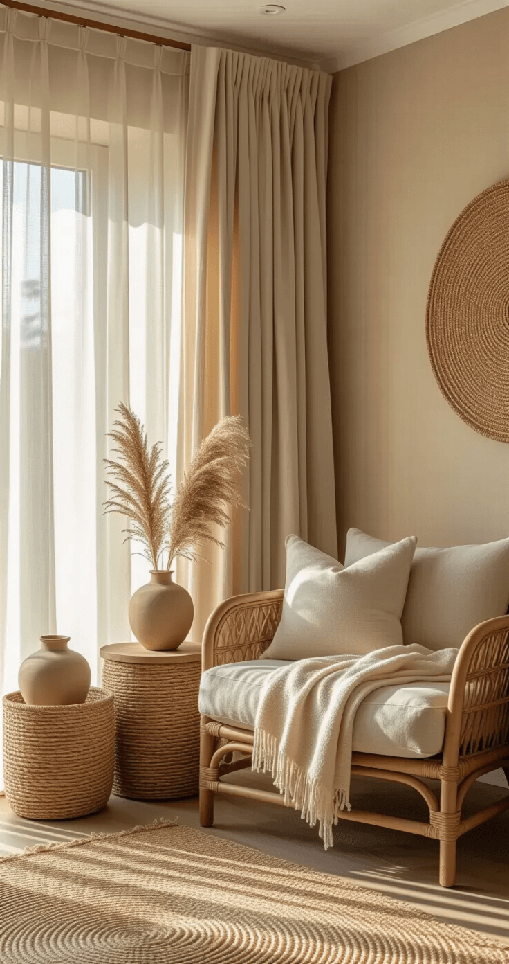 Beige Slaapkamer: Mijn Gids voor een Rustgevende Slaapkameroase Intieme slaapkamerhoek met diverse beige texturen en materialen, warme gloed van de gouden uurlamp door luchtige gordijnen, geweven rieten opbergmanden bij een gestoffeerde leesstoel, keramische vazen, jute wanddecoratie, mohair kussens, en een beukenhouten nachtkastje. Warme greige wandkleur en een strak witte plafond, met een knusse, hygge-geïnspireerde sfeer.