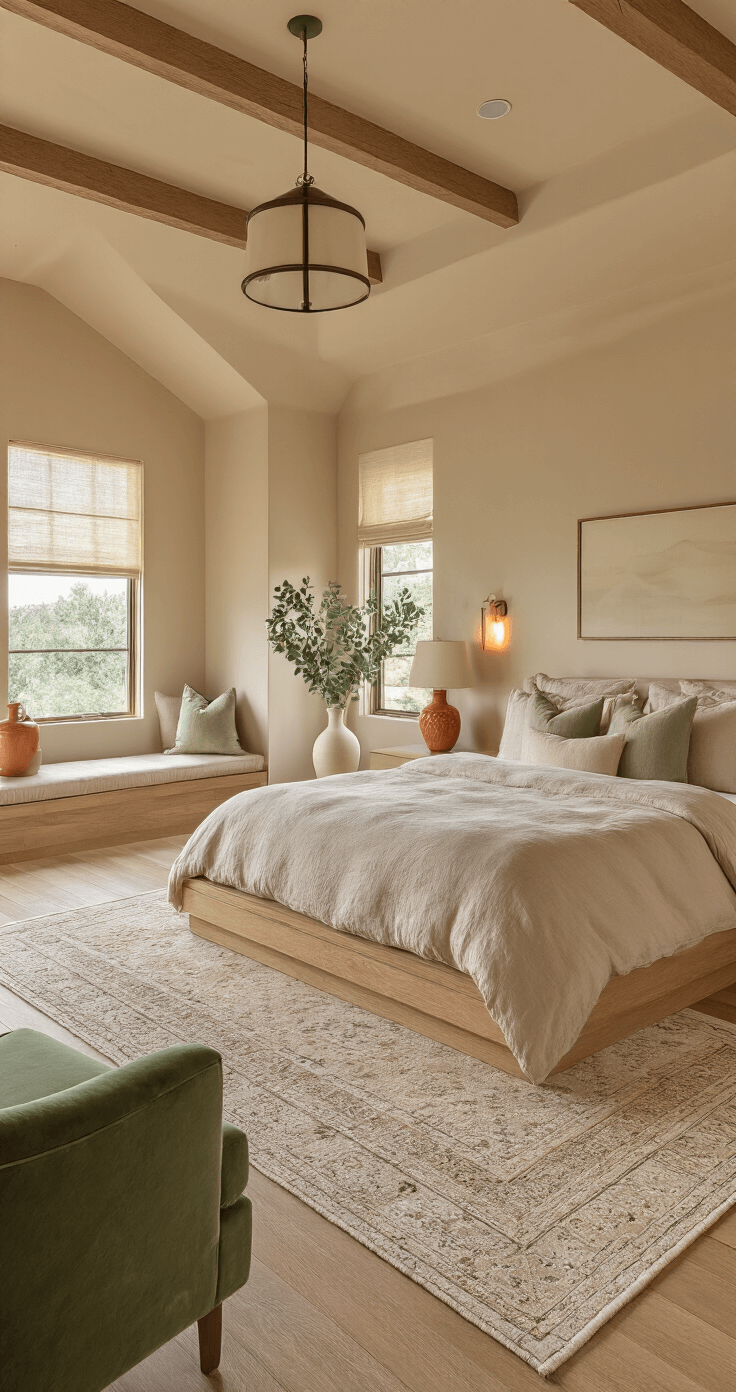 Beige Slaapkamer: Mijn Gids voor een Rustgevende Slaapkameroase Ruimtelijke beige slaapkamer met terracotta en saliegroene accenten, laat middaglicht, platformbed in licht eiken met beige linnengoed, terracotta lampen, eucalyptus in crèmekleurige vazen, saliegroene fluwelen fauteuil, dimbare hanglampen, warme LED-strips, hardhouten vloer met grote neutrale vloerkleed.