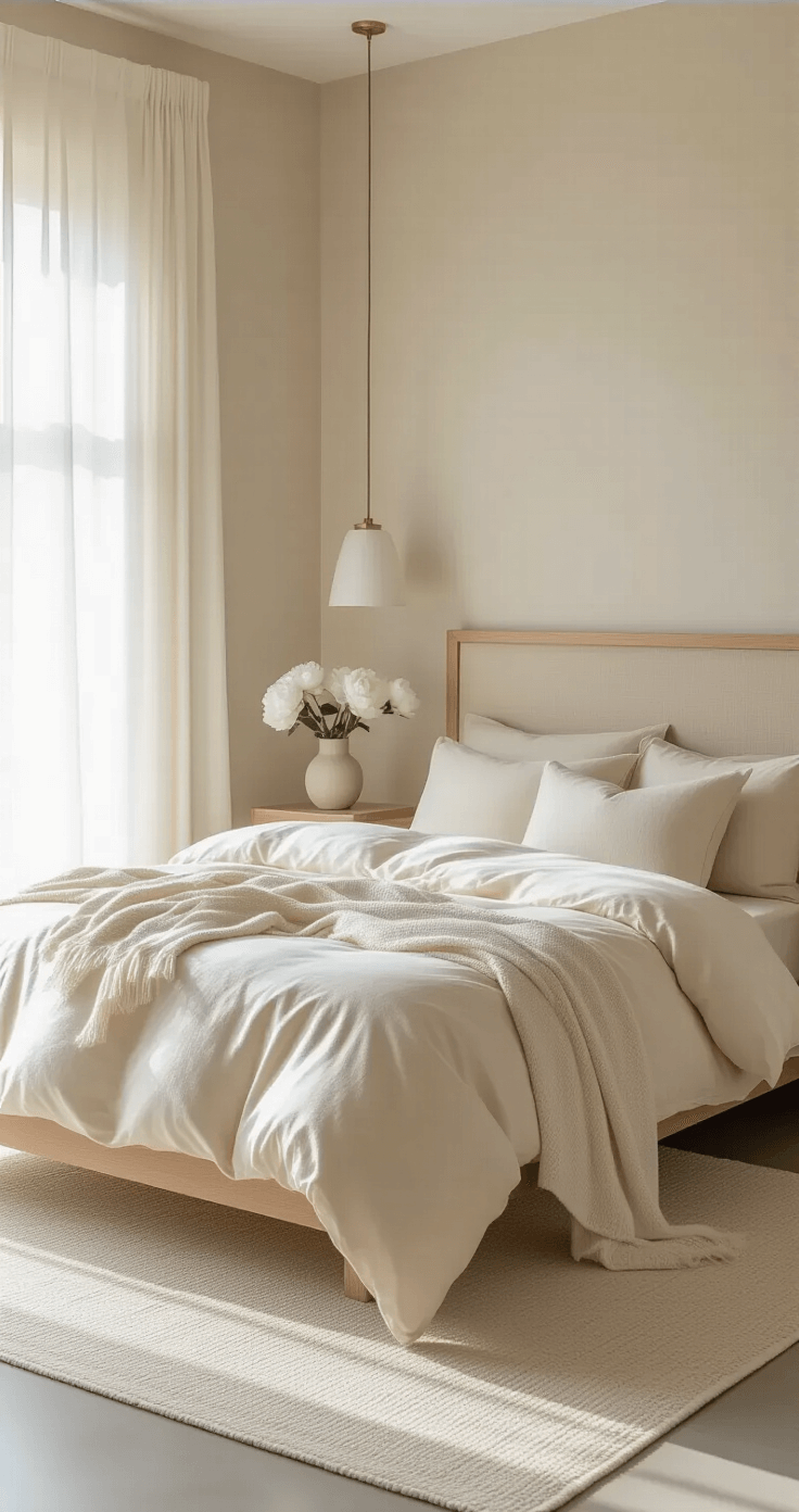 Beige Slaapkamer: Mijn Gids voor een Rustgevende Slaapkameroase Minimalistische slaapkamer in beige en crèmewit, met diffuus ochtendlicht door witte linnen gordijnen, strakke meubels in crèmekleurig hout, een platformbed met geometrisch hoofdeinde, en beddengoed in verschillende tinten crème en ivoor. Polished concrete vloeren en een wit eiken vloerkleed, met een enkele keramische vaas met witte pioenen en slanke tafellampen. Zen-achtige sfeer met focus op textuur.