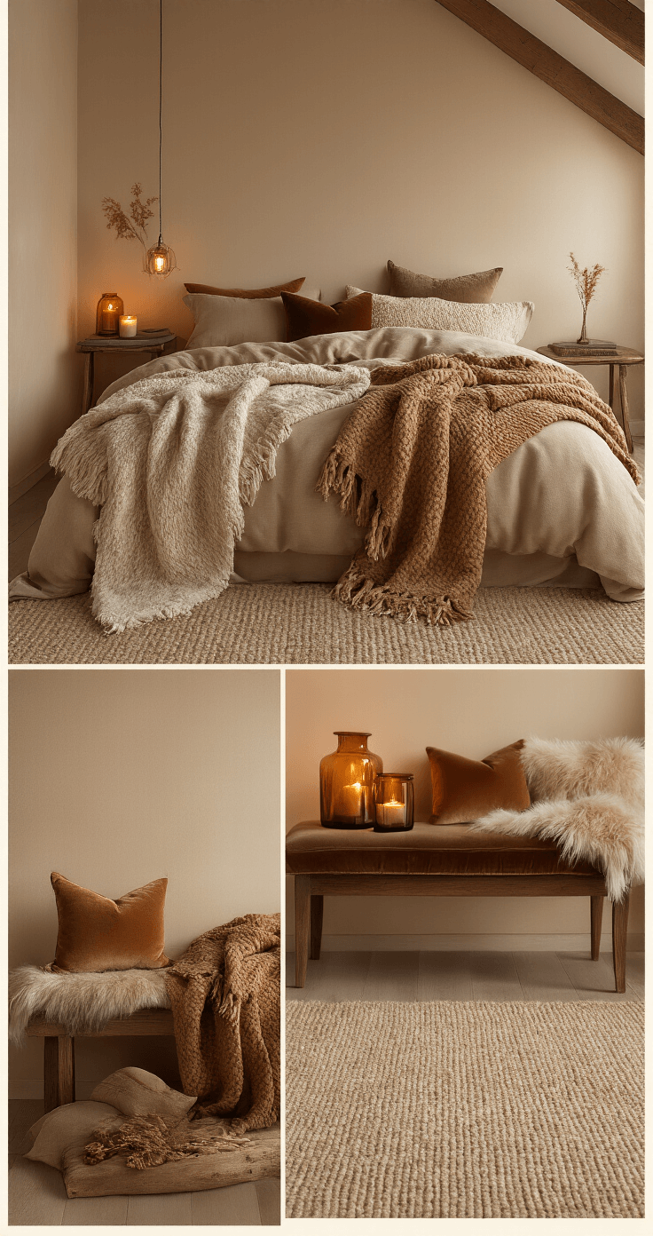 Beige Slaapkamer: Mijn Gids voor een Rustgevende Slaapkameroase Transformeerkamer van 13x15 voet in warme beige tinten met een gezellige herfstsfeer. Rijke texturen zoals dikke wollen dekens in kamel en paddenstoelen kleuren, fluwelen kussens in diepere beige tinten en een nepleren deken over een bank. Vlammen van kaarsen in amber glazen houders zorgen voor een intieme sfeer. Diepe walnoot houten meubels contrasteren met warme beige muren, onder houten plafondbalken. Zacht warm licht van dimbare bronnen benadrukt de romantische coconachtige sfeer.