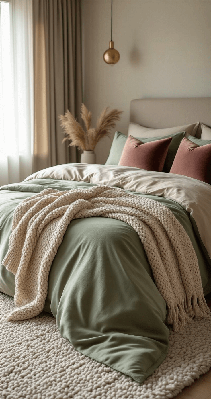 Hoe je jouw slaapkamer omtovert tot een luxe hotelkamer: mijn complete gids Gedetailleerde foto van een luxe slaapkamer met zachte ochtendverlichting. De focus ligt op een perfect opgemaakt bed met zijde, linnen en fluwelen kussens in saliegroen en stofroze. Een chunky knit deken hangt stijlvol over een hoek, met een hoogpolig wollen vloerkleed in warm grijs eronder.