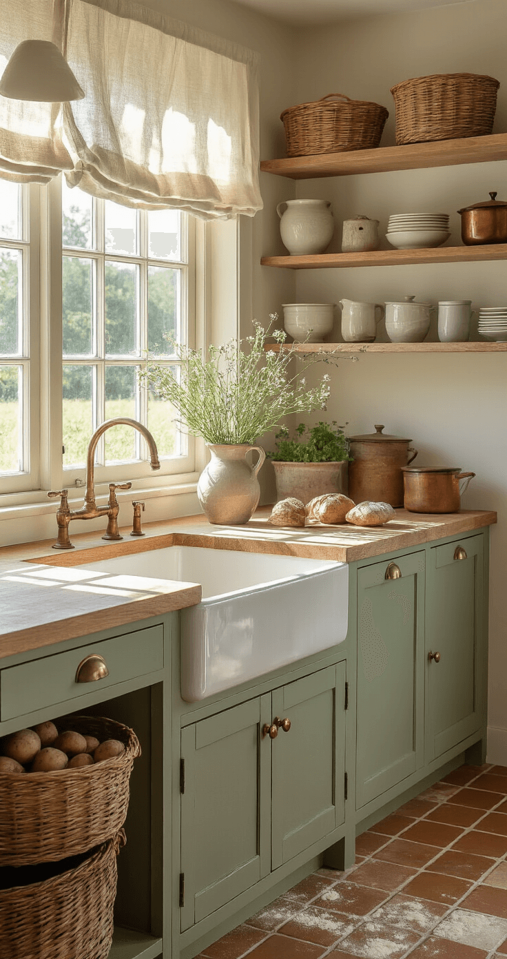 Waarom een kookeiland de beste keuze voor jouw keuken is Close-up van een landelijk kookeiland van 180 cm met gerecycled eikenhouten aanrecht en natuurlijke houtnerf, verlicht door de namiddagzon die door linnen cafe gordijnen valt. Geschilderde saliegroene Shaker-keukenkastdeuren met messing hardware, een diepe boerderijgootsteen met verouderde messing kraan, open planken met vintage Nederlandse keramiek en koperen keukengerei. Woven manden met wortelgroenten en verse wilde bloemen in een keramische kan, met een vleugje bloemmaken stof. Versleten terracotta vloertegels in aardetinten.