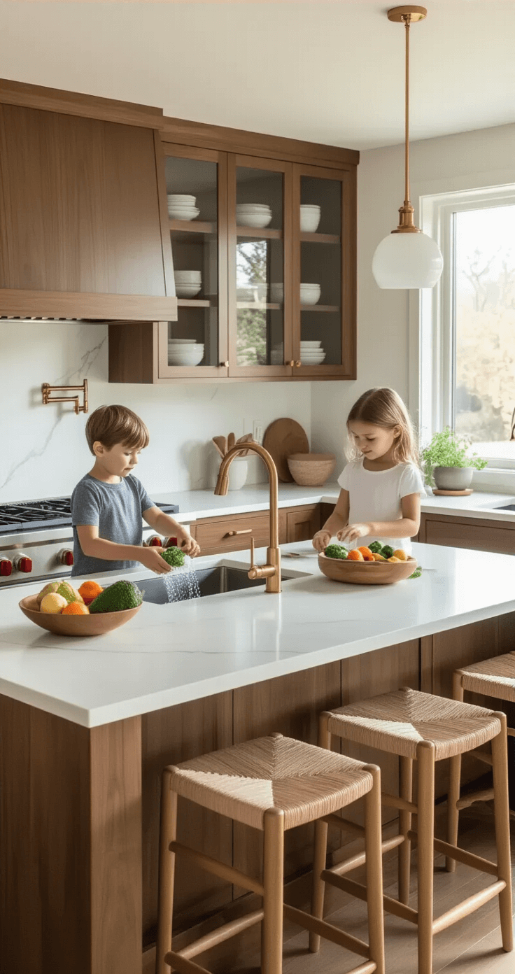 Waarom een kookeiland de beste keuze voor jouw keuken is Ooghoogte vanaf de woonkamer met een 200 cm lange spoeleiland dat een naadloze overgang tussen ruimtes creëert. Natuurlijk licht van westelijke ramen verlicht de scene met warme gouden tonen. Het eiland heeft een grote undermount gootsteen met een moderne waterval kraan in geborsteld goud, omringd door witte kwarts werkbladen met subtiele grijze aderen. Warm walnoothouten kasten bieden een rijke contrast, met enkele secties met glazen deuren die zorgvuldig gekozen servies tonen. Twee kinderen helpen met het wassen van groenten, wat de sociale functie benadrukt. Barstoelen van natuurlijk eiken met geweven zitplaatsen zijn onder het eiland geschoven. Een grote schaal met verse producten, snijplanken en keukenlinnen in zachte blauwtinten en wit voegen kleur en leven toe. Het aangrenzende zitgedeelte heeft een comfortabele hoekbank, wat de visuele verbinding versterkt. Camera in positie om de gesprekflow en gezinsinteractie te benadrukken, met een zachte scherptediepte die de achtergrond vervaagt.