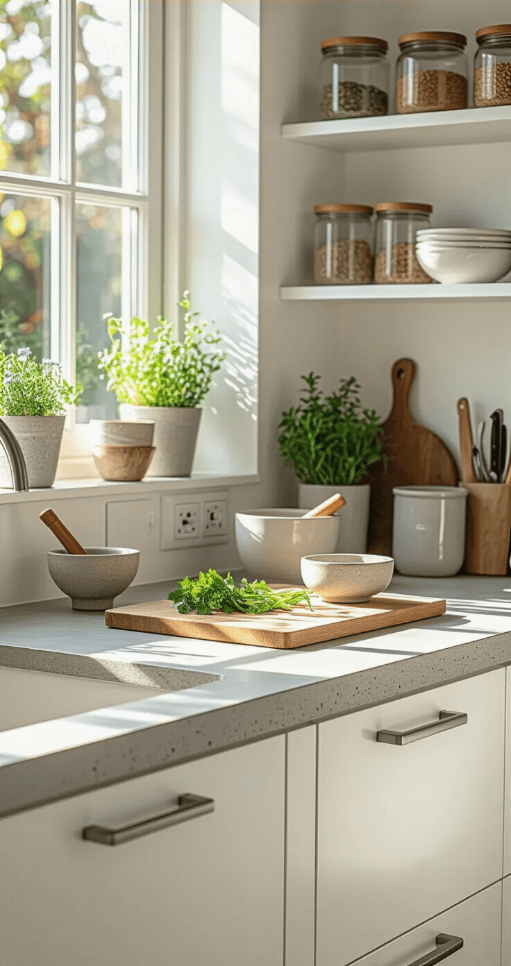 Waarom een kookeiland de beste keuze voor jouw keuken is Close-up detail van een compact 160cm werkeiland in een efficiënte kleine keuken met handloze witte gelakte kasten en een betonnen werkblad. Het oppervlak toont een houten snijplank met fijngesneden kruiden, een vijzel, keramische kommen en een magnetische messenhouder. Slimme opbergoplossingen zijn zichtbaar, waaronder pop-up stopcontacten en uittrekbare specerijdrogers. Hoge kasten en geïntegreerde apparaten maximaliseren de ruimte, terwijl twee barkrukken met leren zittingen voor extra zitplaatsen zorgen.