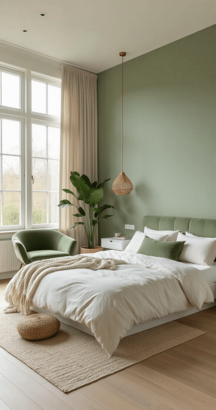 De Ultieme Gids voor een Groene Slaapkamer: Zo Creëer Je Jouw Droomruimte Photorealistic Dutch bedroom interior featuring a sage green accent wall, king-size platform bed with white linen bedding, large casement windows, and modern minimalist furniture, illuminated by soft natural light.