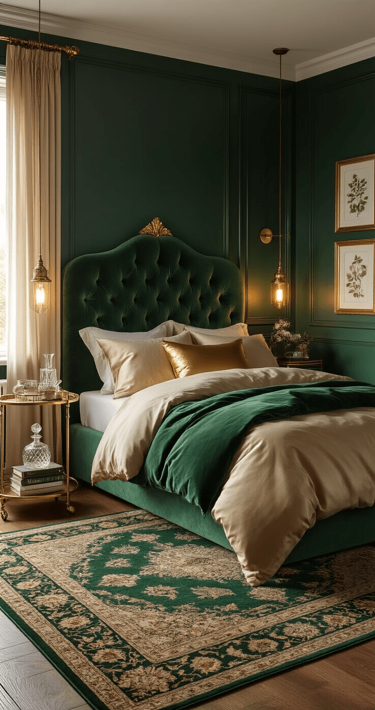 De Ultieme Gids voor een Groene Slaapkamer: Zo Creëer Je Jouw Droomruimte Intimate Dutch bedroom corner featuring emerald green walls, golden brass accents, and warm evening lighting, showcasing a tufted velvet headboard, silk bedding, and vintage Persian rug, with polished brass lamps and ornate botanical prints, all evoking a boutique hotel luxury.