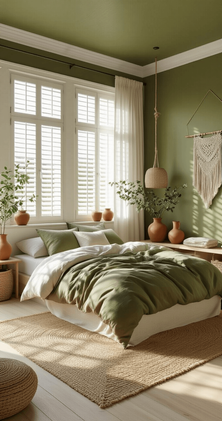 De Ultieme Gids voor een Groene Slaapkamer: Zo Creëer Je Jouw Droomruimte Photorealistic wide-angle view of a bright Dutch bedroom with olive green ceiling, white walls, and afternoon sunlight casting patterns on bleached oak floors, featuring a natural linen platform bed, macrame wall hangings, terracotta vases, and green plants, evoking Mediterranean calm and organic sophistication.
