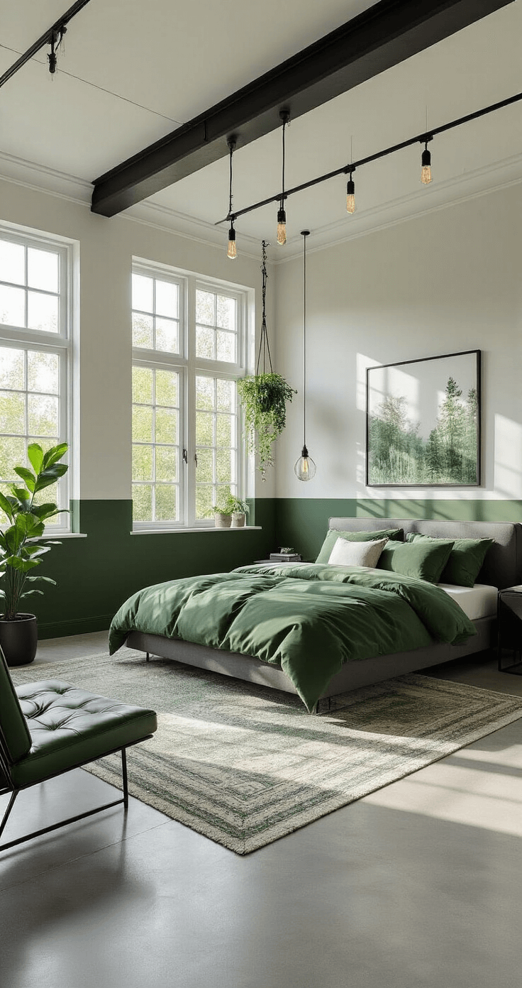 De Ultieme Gids voor een Groene Slaapkamer: Zo Creëer Je Jouw Droomruimte Photorealistic modern Dutch master bedroom with forest green lower walls, white upper sections, and crown molding; late afternoon light streaming through floor-to-ceiling windows casts geometric shadows on polished concrete floors; featuring a charcoal gray low-profile platform bed, geometric bedding, black metal nightstands, and a green leather accent chair; industrial elements include exposed black ceiling beams and Edison bulb track lighting; adorned with fiddle leaf fig and hanging planters, emphasizing urban sophistication and geometric composition.