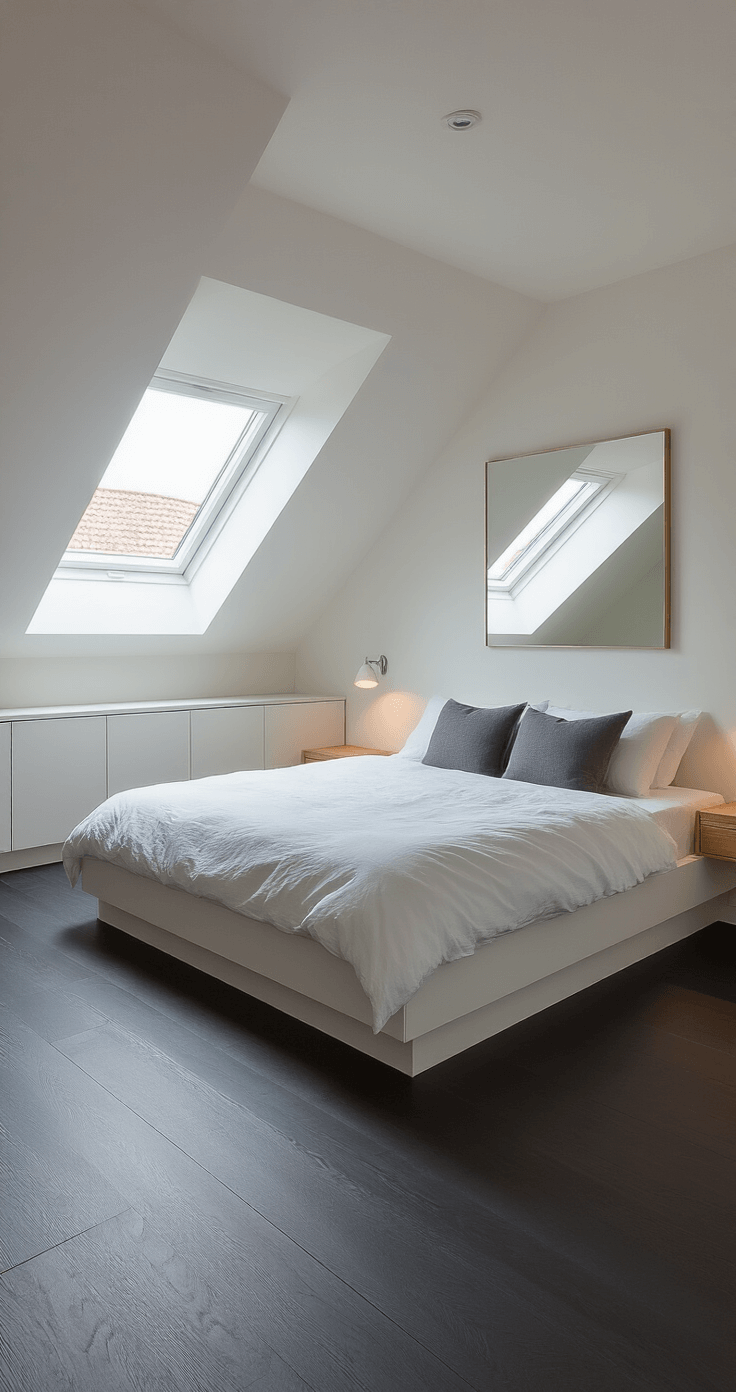 Slaapkamer met schuin dak inrichten: Van uitdaging naar droomkamer Wide-angle shot of a modern Dutch bedroom with a slanted ceiling, featuring a low platform bed under the angled roofline, illuminated by soft morning light from a skylight, with white walls, dark hardwood floors, and minimalist decor.