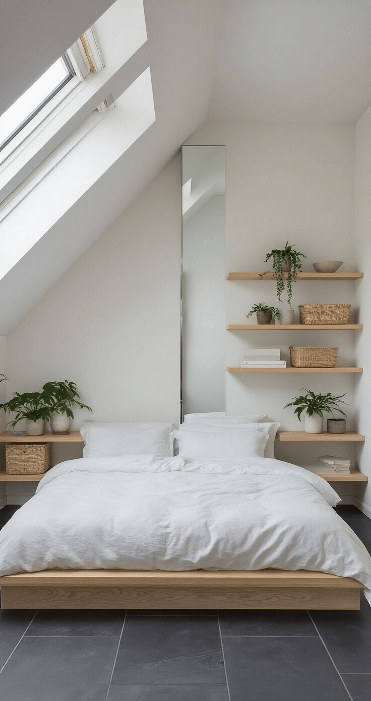 Slaapkamer met schuin dak inrichten: Van uitdaging naar droomkamer Pristine Dutch bedroom interior with a slanted roofline, featuring a low Japanese bed in bleached oak, white bedding, and bright daylight reflected by a large floor-to-ceiling mirror, enhancing the sense of space amidst a monochromatic palette and contrasting dark slate floor tiles.