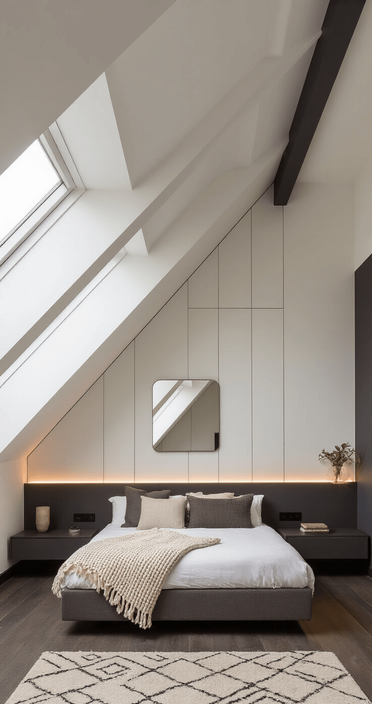 Slaapkamer met schuin dak inrichten: Van uitdaging naar droomkamer Sophisticated Dutch loft bedroom featuring a contemporary low-profile bed, integrated LED nightstands, and custom millwork under slanted architecture, with warm white walls and charcoal-stained wooden floor, enhanced by dramatic side lighting.