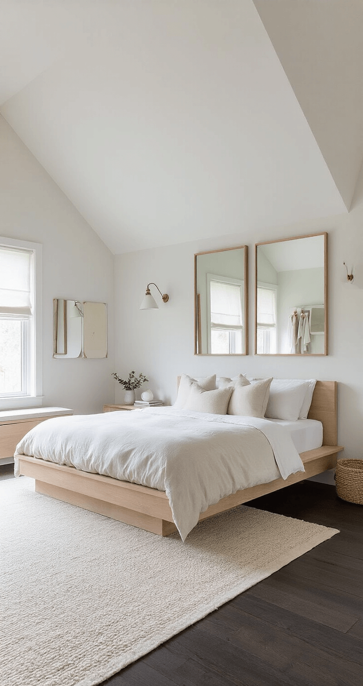 Slaapkamer met schuin dak inrichten: Van uitdaging naar droomkamer Bright Scandinavian-inspired Dutch bedroom featuring a streamlined white-washed oak platform bed beneath a slanted ceiling, with Cloud White walls and dark espresso hardwood floors. Ingenious storage solutions and a gallery wall of mirrors enhance the spacious feel, while natural linen window treatments filter sunlight.