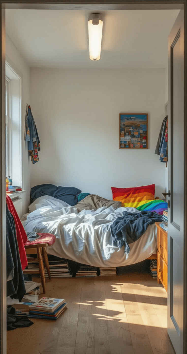 Hoe Ik Mijn Slaapkamer Transformeerde: Van Chaos naar Oase van Rust Chaotic Dutch bedroom interior before transformation, featuring unmade bed against white walls, clothes over a wooden chair, scattered books on oak floors, mismatched dark wood furniture, and cluttered nightstand. Bright afternoon harsh lighting creates stark shadows, emphasizing disorder and a stressed atmosphere.