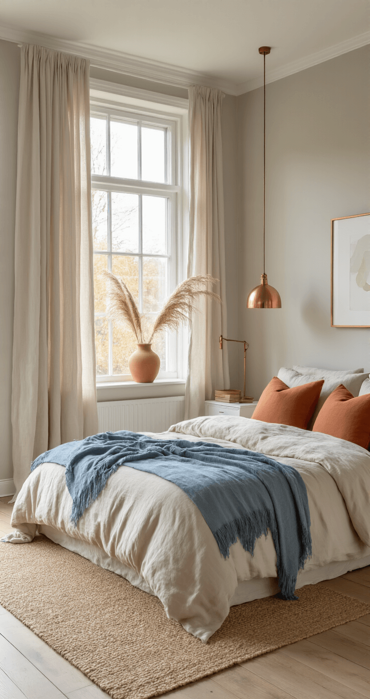 Hoe Ik Mijn Slaapkamer Transformeerde: Van Chaos naar Oase van Rust Interior photograph of a transformed Dutch bedroom featuring neutral tones, captured from a corner angle during golden hour, showcasing soft dove grey and cream walls, a terracotta-accented bed, and warm blue throws, with natural light filtering through linen curtains and a jute area rug, creating a peaceful atmosphere.