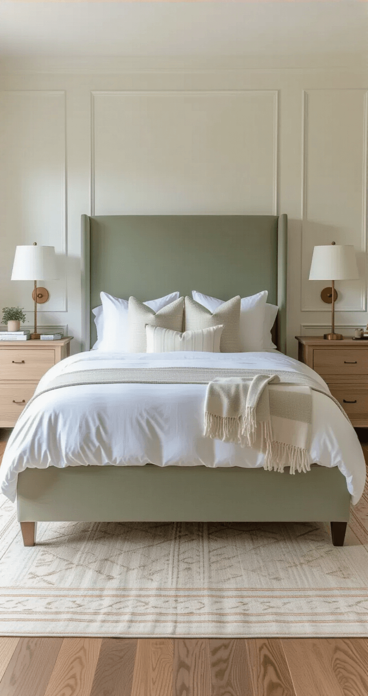 Hoe Ik Mijn Slaapkamer Transformeerde: Van Chaos naar Oase van Rust Interior of a Dutch bedroom featuring a king-size bed with a sage green upholstered headboard, flanked by matching white oak nightstands and symmetrical brass-accented lamps, all set against warm white walls and wooden floors with a cream runner rug. The room has an elegant, serene atmosphere enhanced by ambient lighting.