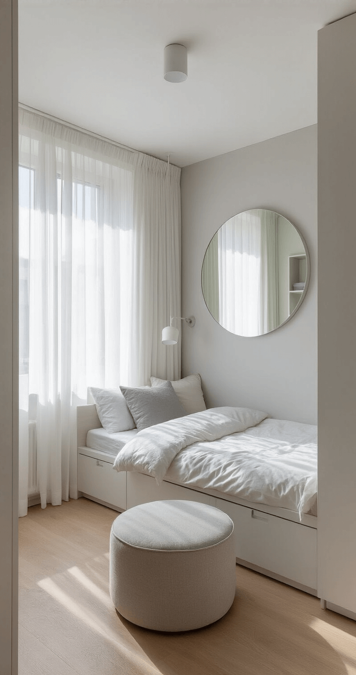 Hoe Ik Mijn Slaapkamer Transformeerde: Van Chaos naar Oase van Rust Interior of a compact Dutch bedroom showcasing space-maximizing techniques, featuring bright morning light, floor-to-ceiling white curtains, a large circular mirror, light grey walls, and pale oak floors, with multi-functional furniture and a minimalist aesthetic.