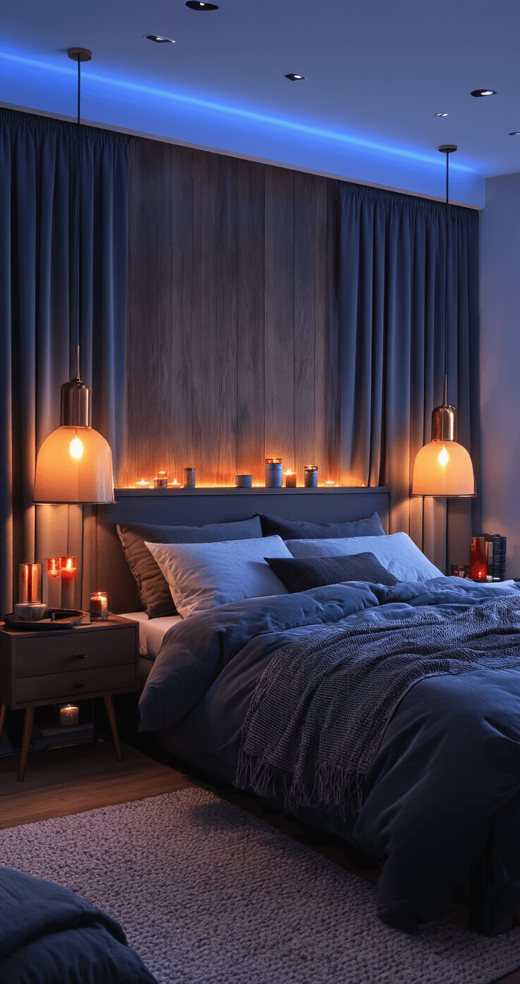 Hoe Ik Mijn Slaapkamer Transformeerde: Van Chaos naar Oase van Rust Interior of a Dutch bedroom during blue hour, featuring layered lighting with dimmed recessed ceiling lights, warm LED strips behind a wooden headboard, brass table lamps on nightstands, and flickering candles. Charcoal grey blackout curtains, a red-tinted nightlight on the dresser, and a cozy reading nook with an adjustable wall sconce create an intimate and comfortable atmosphere.