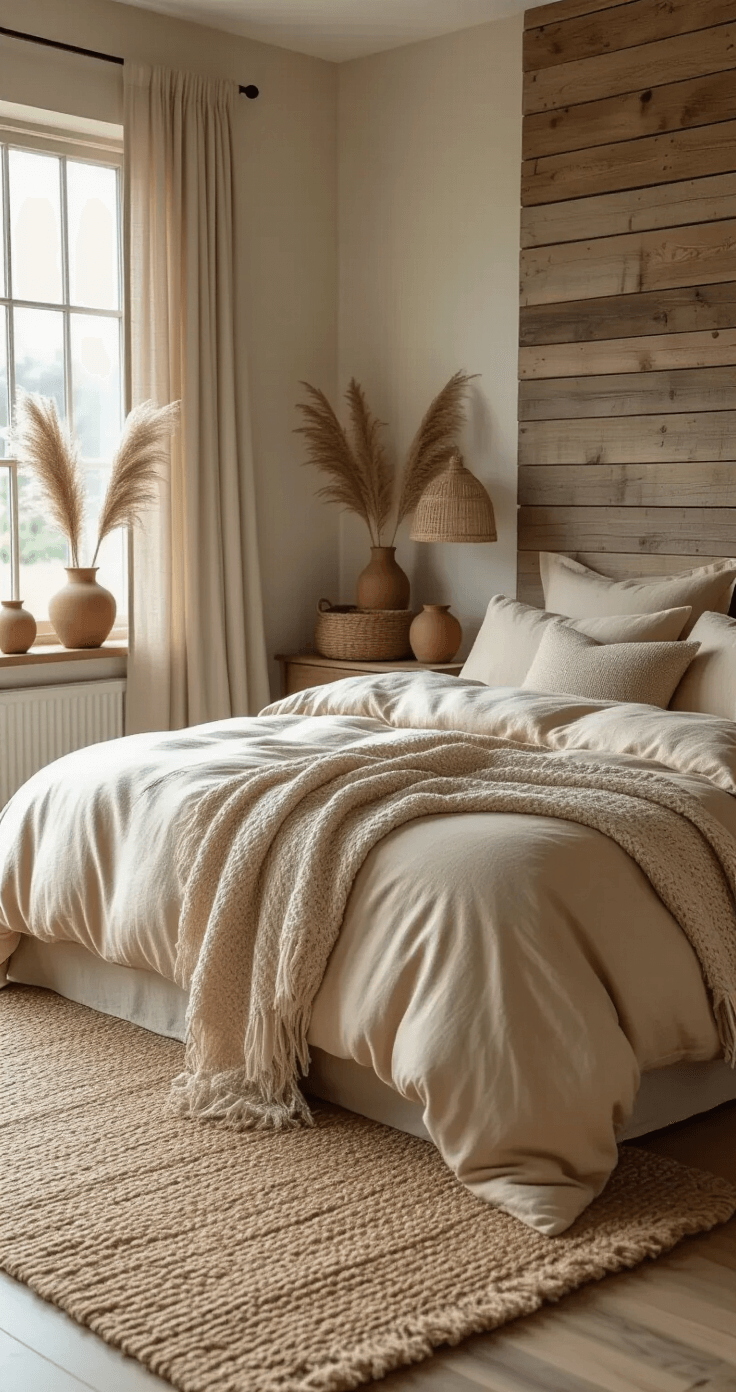 Hoe Ik Mijn Slaapkamer Transformeerde: Van Chaos naar Oase van Rust Interior of a Dutch bedroom featuring soft afternoon light illuminating natural textures, including a silk duvet cover in champagne, a chunky wool throw, a jute rug, and a reclaimed wood accent wall, with linen curtains, ceramic vessels, and dried pampas grass, all conveying a warm, inviting atmosphere.