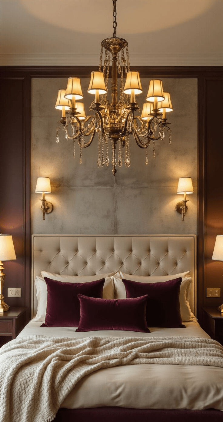 Zo creëer je thuis de perfecte luxe hotelkamer sfeer Dramatisch avondbeeld van een statement verlichting met een fraaie bronzen kroonluchter boven het bed, warme lichtbronnen creëren gelaagde verlichting, chocoladebruine muren met betonlook behang, luxe stoffen met bordeauxrode fluwelen kussens, crème satijnen lakens en cashmere dekens, gepolijste messing accenten, zacht warm licht voor een intieme hotelsfeer.