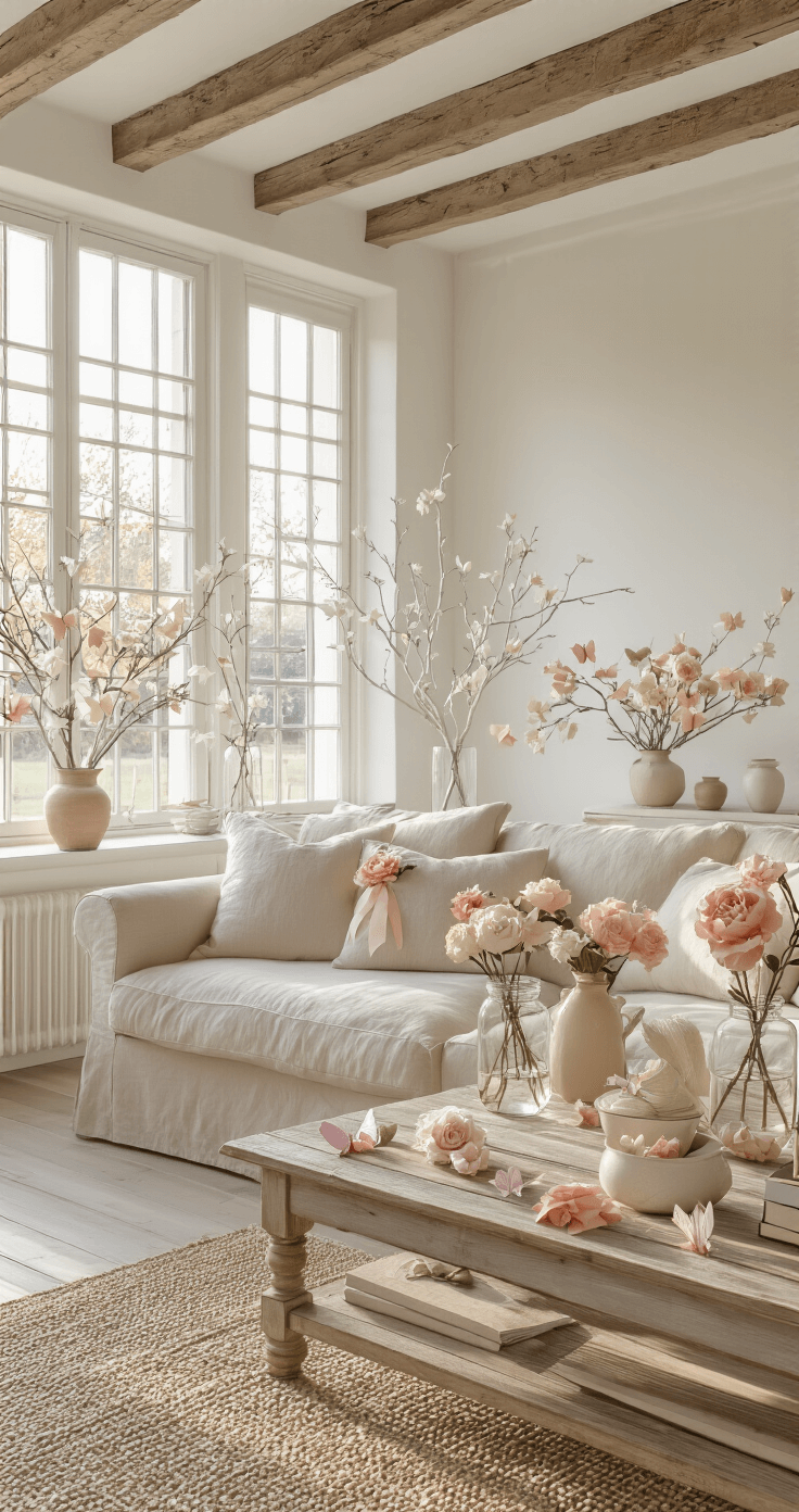 Lente Decoratie Knutselen: Mijn Ultieme Gids voor Vrolijke DIY Projecten Photorealistic Dutch living room featuring white walls with wooden beams, a beige linen sofa with pink and cream ribbon rose accents, a rustic coffee table with coral and blush DIY flowers, birch branches with origami butterflies in vases, and a woven jute rug, all bathed in warm afternoon light.