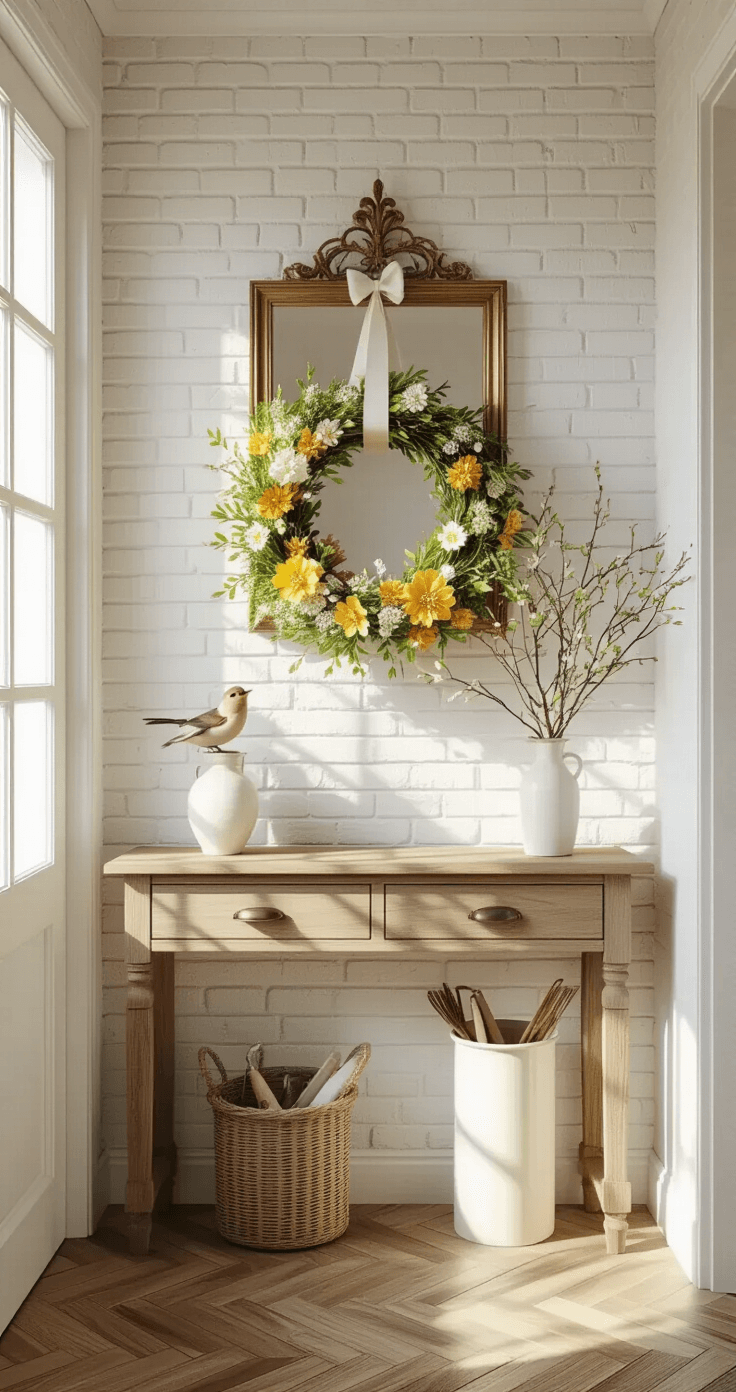 Lente Decoratie Knutselen: Mijn Ultieme Gids voor Vrolijke DIY Projecten Photorealistic Dutch entryway featuring original white-painted brick walls, morning sunlight through frosted glass doors, a rustic wooden console table with a vibrant DIY spring wreath, a vintage brass mirror, herringbone honey oak flooring, and wall-mounted hooks for light spring jackets, creating a warm and inviting atmosphere.