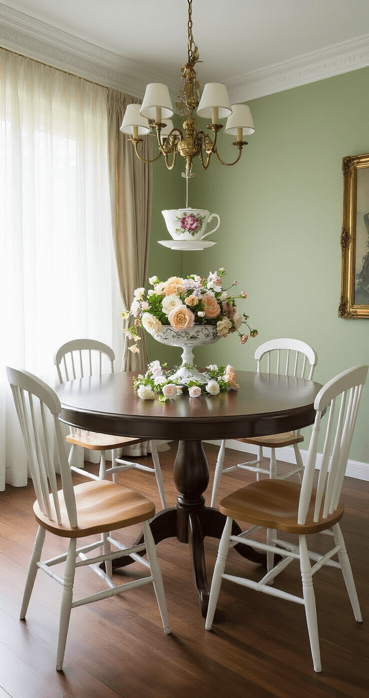 Lente Decoratie Knutselen: Mijn Ultieme Gids voor Vrolijke DIY Projecten Photorealistic Dutch dining room featuring a dark wooden table with a floating vintage floral teacup centerpiece, surrounded by DIY crepe paper blooms, white ladder-back chairs, and a vintage brass chandelier, all illuminated by natural mid-morning light through sheer curtains.