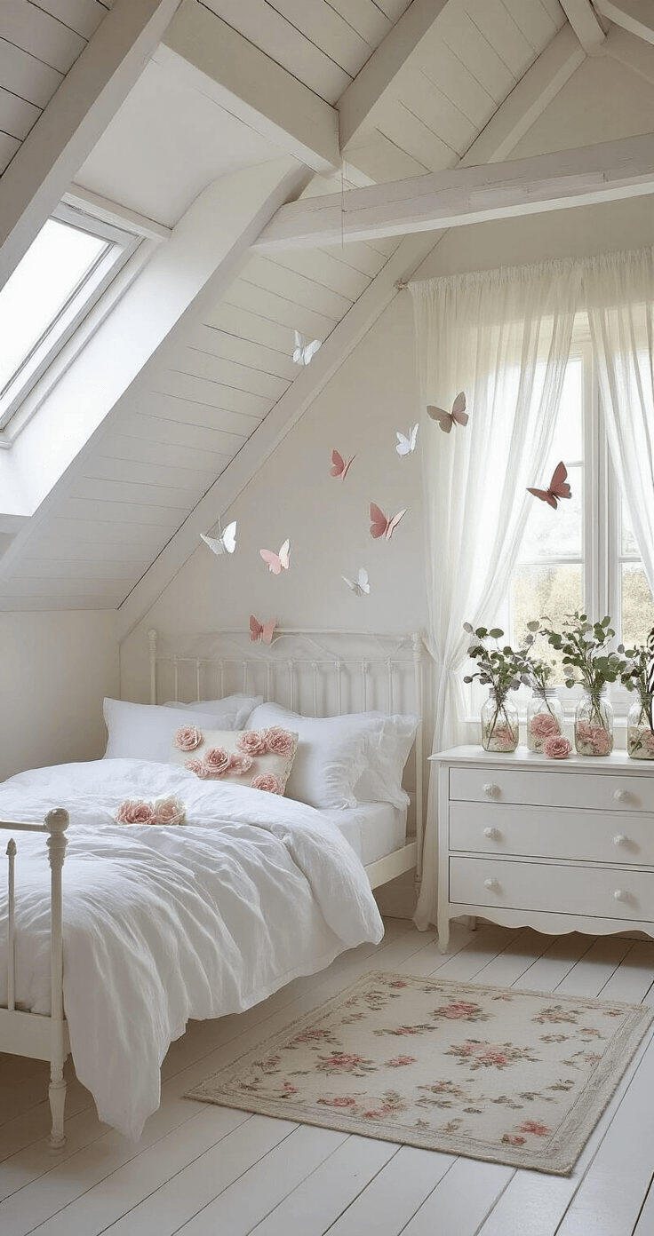 Lente Decoratie Knutselen: Mijn Ultieme Gids voor Vrolijke DIY Projecten A serene, photorealistic Dutch bedroom featuring a white iron bed with crisp linens adorned with blush ribbon roses, under a sloped ceiling with exposed beams. Soft morning light filters through gauze curtains, illuminating origami butterflies hanging throughout the room. A vintage white dresser holds DIY wool flowers and eucalyptus, while a wicker chair in the corner contains crafting materials. The whitewashed wooden floors are complemented by a muted floral area rug, creating a peaceful sanctuary for crafting.