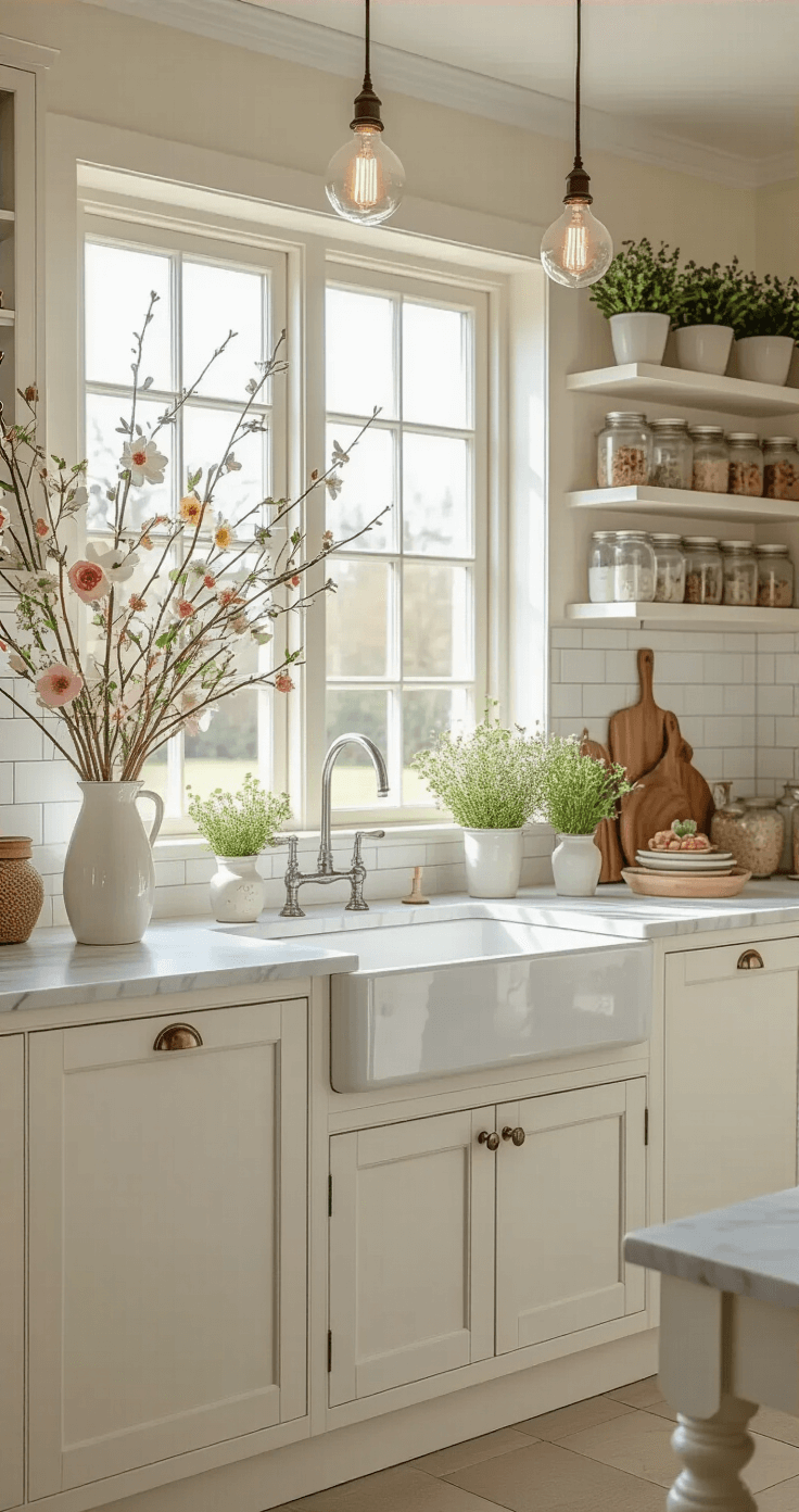 Lente Decoratie Knutselen: Mijn Ultieme Gids voor Vrolijke DIY Projecten Photorealistic Dutch kitchen interior showcasing traditional white cabinets with glass fronts, a farmhouse sink beneath double-hung windows, and white marble countertops adorned with artistic arrangements of birch branches and handcrafted decorations. Open shelving features vintage mason jars filled with DIY wool flowers in soft spring colors, complemented by wooden cutting boards, fresh herbs, and warm pendant lights, all set against a subway tile backsplash and natural oak hardwood floors, exuding a cheerful farmhouse atmosphere.