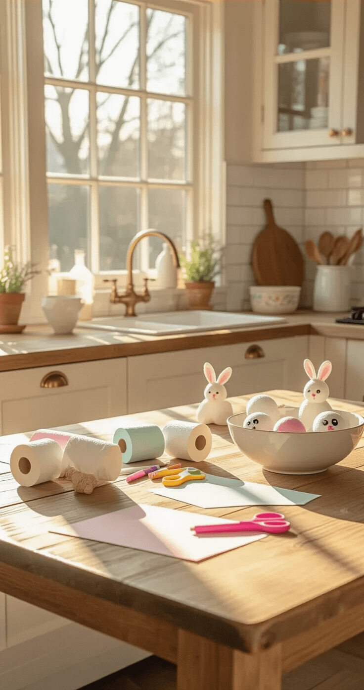 15 Magische Paasknutselprojecten Die Je Kinderen Doen Stralen (Plus Mijn Grootste Knutselfail!) A bright, airy Dutch kitchen features a rustic oak farmhouse table filled with Easter crafting supplies, including wrapped toilet paper rolls, googly eyes, and colorful construction paper. Sunlight streams through large windows, illuminating handmade toilet roll Easter bunnies in a ceramic bowl, while blonde wood cabinets and cream subway tiles add warmth to the inviting atmosphere.
