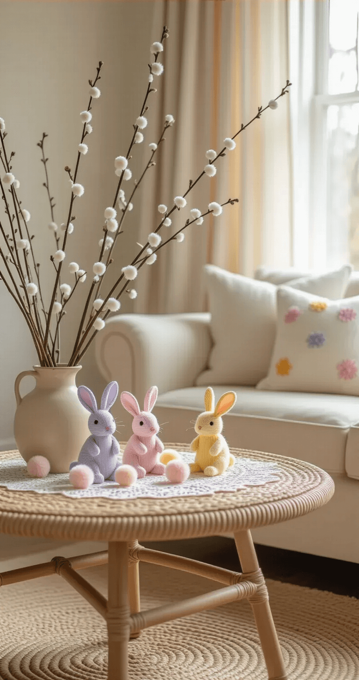 15 Magische Paasknutselprojecten Die Je Kinderen Doen Stralen (Plus Mijn Grootste Knutselfail!) Close-up of a cozy Dutch living room corner with a round coffee table adorned with an Easter display of pastel pipe cleaner rabbits and fluffy pompoms, set on a woven jute rug. A linen sofa with hand-stitched pillows is in the background, complemented by tall pussy willow branches in ceramic vases, all bathed in soft morning light filtered through sheer curtains.