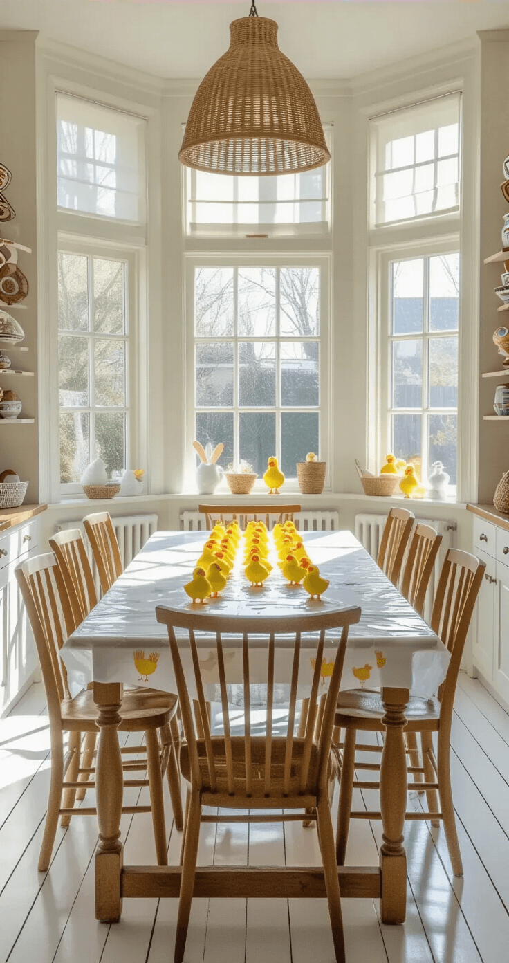 15 Magische Paasknutselprojecten Die Je Kinderen Doen Stralen (Plus Mijn Grootste Knutselfail!) Bright Dutch dining room showcasing a long oak table covered with plastic sheeting, adorned with vibrant yellow egg carton chicks and fork-printed artwork. Surrounded by six mismatched vintage chairs, the space features white wooden floors and large sash windows with cotton curtains. Built-in cabinets display ceramic Easter decorations. A pendant light with a natural rattan shade illuminates the room, reflecting a family-friendly crafting environment with traditional architectural details.