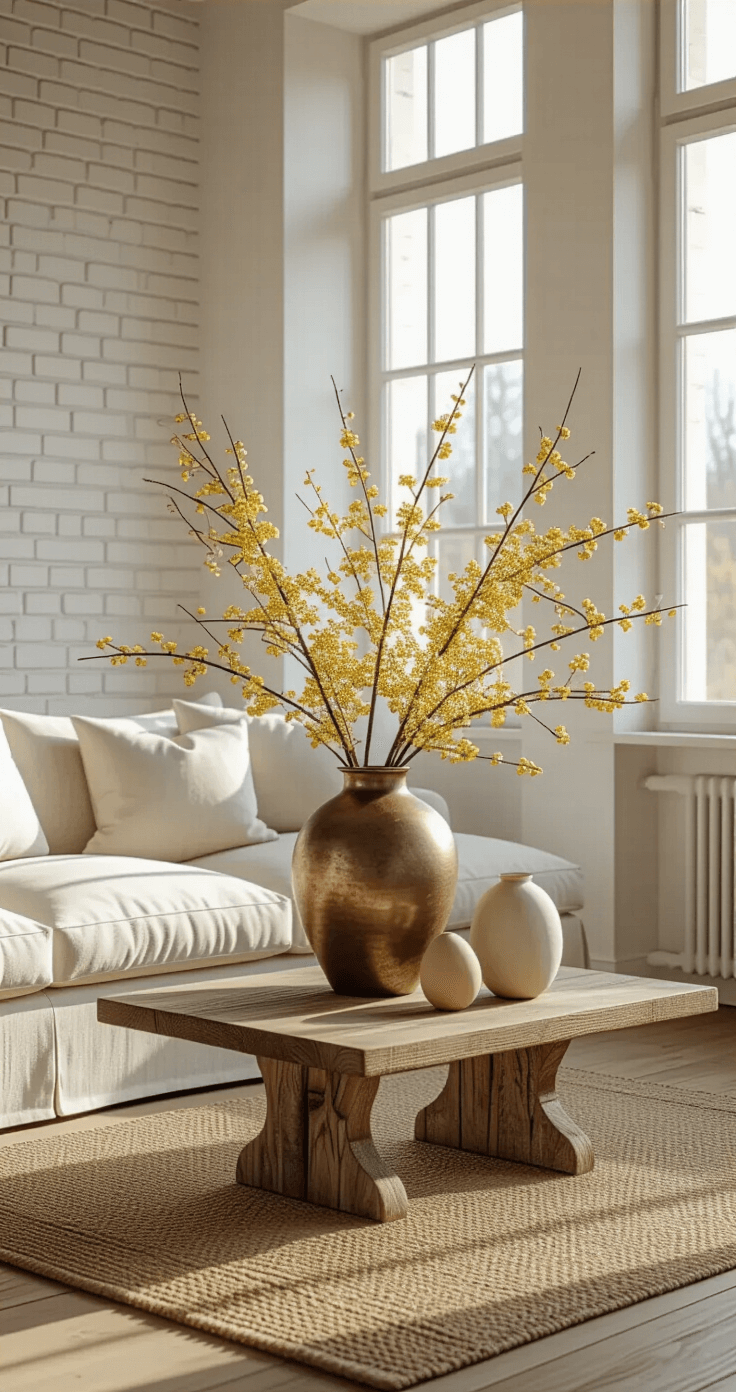 Paasdecoratie: Zo Breng Je De Lente-Sfeer In Huis Fotorealistisch interieur van een ruime Scandinavische woonkamer tijdens het gouden uur, met een oversized crème linnen bank tegen een witgeschilderde bakstenen muur. Een grote vintage messing vaas op een verweerde eiken salontafel bevat dramatische forsythia takken met delicate gele bloemen, versierd met handgemaakte houten eierornamenten in zachte saliegroene en poederroze tinten. Een natuurlijke jute vloerbedekking vormt de basis van het zitgedeelte, terwijl keramische theelichthouders in verschillende hoogtes warme, sfeervolle verlichting creëren. Zacht ochtendlicht stroomt door hoge ramen en werpt delicate schaduwen over de honingkleurige houten vloeren. Camera op ooghoogte in de entree, met een intieme hoek van 45 graden van de hele opstelling en een geringe scherptediepte die het paasbranchcentrum benadrukt.