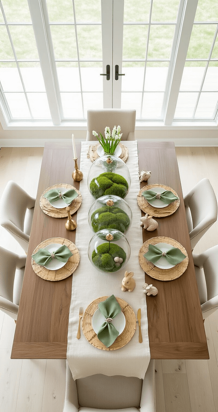 Paasdecoratie: Zo Breng Je De Lente-Sfeer In Huis Bovenaanzicht van een elegant gedekte Paastafel in een moderne eetkamer met witte eiken vloer en grote ramen, met een linnen tafelloper, bamboe placemats, groene servetten, glazen klokken met mos en kwartel-eieren, brass kaarsen, hyacint planten in terracotta potten en houten konijnfiguren.