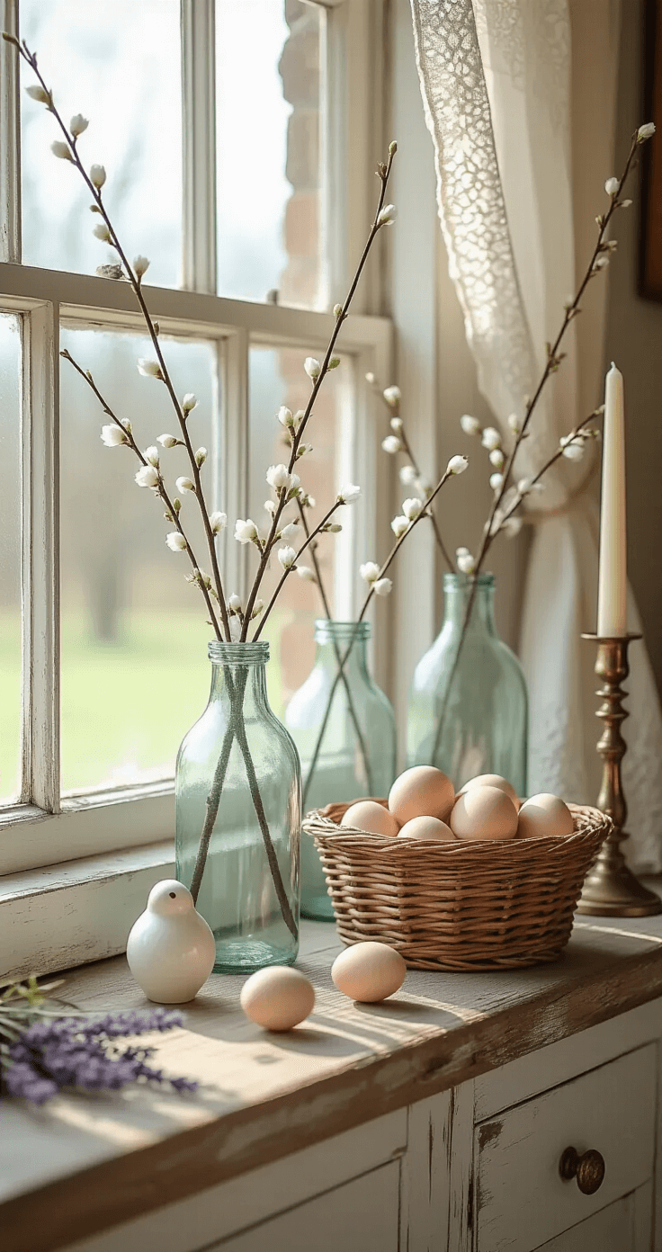Paasdecoratie: Zo Breng Je De Lente-Sfeer In Huis Intieme close-up van een rustieke boerenkeukenvensterbank versierd voor Pasen in het late ochtendlicht, met een verweerd houten raam in chippy wit dat een collectie vintage melkglazen flessen ondersteunt, gevuld met takken van kattenstaart en vroege kersenbloesems. Een handgeweven rieten mand met natuurlijk geverfde bruine eieren en antieke messing kandelaarhouders met ivoorkleurige kaarsen. Delicate kanten gordijnen filteren het heldere lentezonlicht, waardoor zachte gevlekte verlichting op de verouderde pijnhouten vensterbank verschijnt. Toevoegingen zijn kleine keramische vogelfiguren in matte witte afwerking en verspreide gedroogde lavendel.