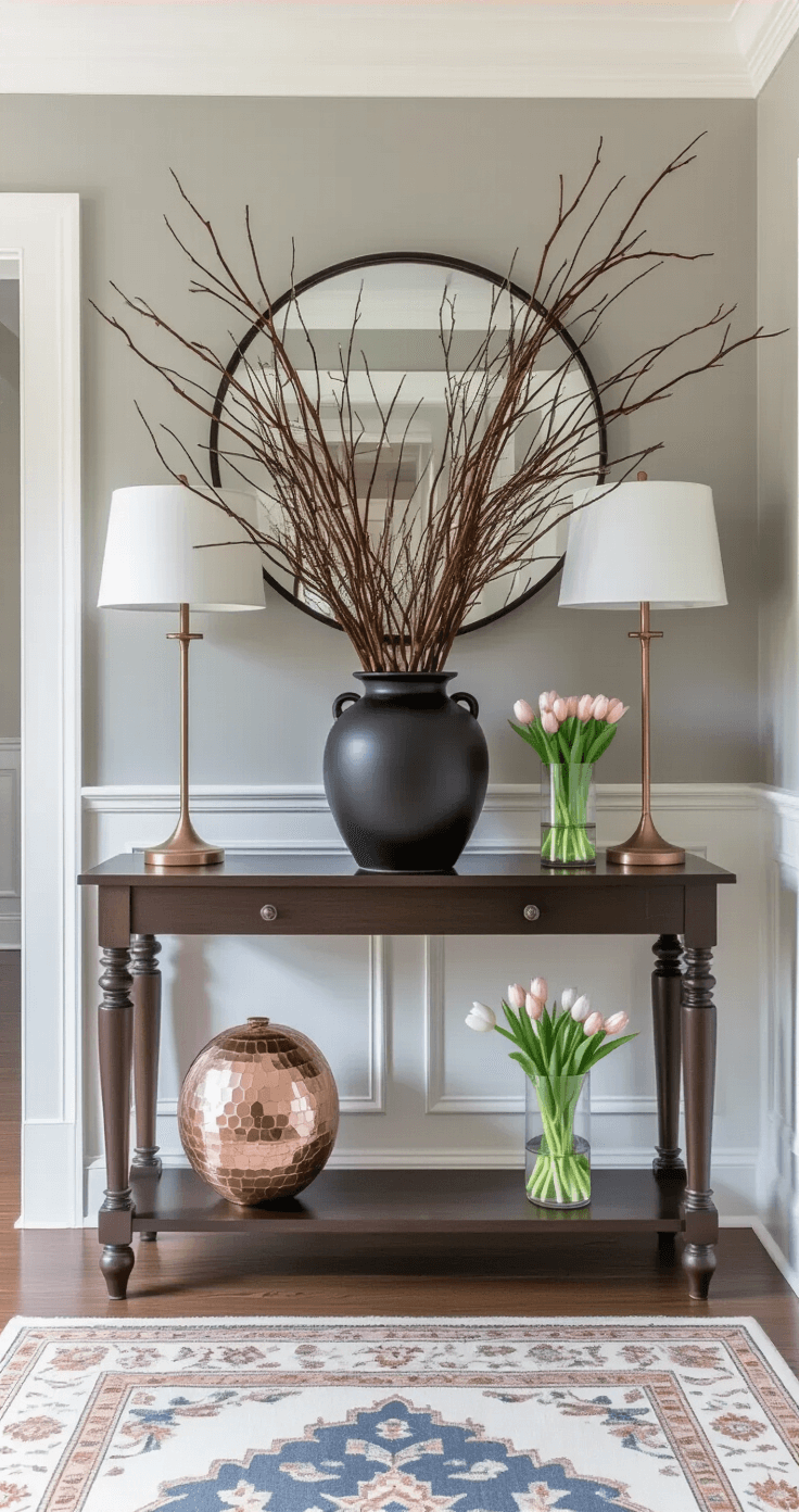 Paasdecoratie: Zo Breng Je De Lente-Sfeer In Huis Elegante gang met een smalle console tafel gestyled voor Pasen, grijs geschilderde muren, kroonlijsten, en een lange walnoot tafel met een grote keramische urn vol takken, versierd met geometrische eieren in roségoud en koper. Witte lampenkappen bieden zachte verlichting, een ronde spiegel weerspiegelt natuurlijk licht, en een Perzisch loopkleed in zachte blauwtinten voegt een organisch element toe met verse tulpen in glazen vazen.