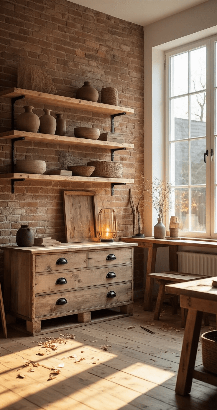Waarom Hout Knutselen Je Thuis Transformeert Brede interieurshot van een Scandinavische woonkamer omgevormd tot een houtbewerkingswerkplaats, met ochtendlicht dat door grote witte ramen stroomt, en een rustieke werkplek met een dennen werkbank en handgemaakte houten decoraties.