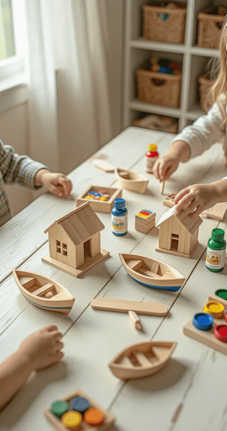 Waarom Hout Knutselen Je Thuis Transformeert Close-up van houten knutselprojecten van kinderen verspreid over een romige eiken tafel, verlicht door zacht middaglicht dat door sheer linnen gordijnen valt. Kleine handjes reiken naar berkenhoutstokken, omringd door kleurrijke puzzelhuisjes, miniatuur houten boten en geschilderde blokken, met flonkeringen van acrylverf op de tafel.