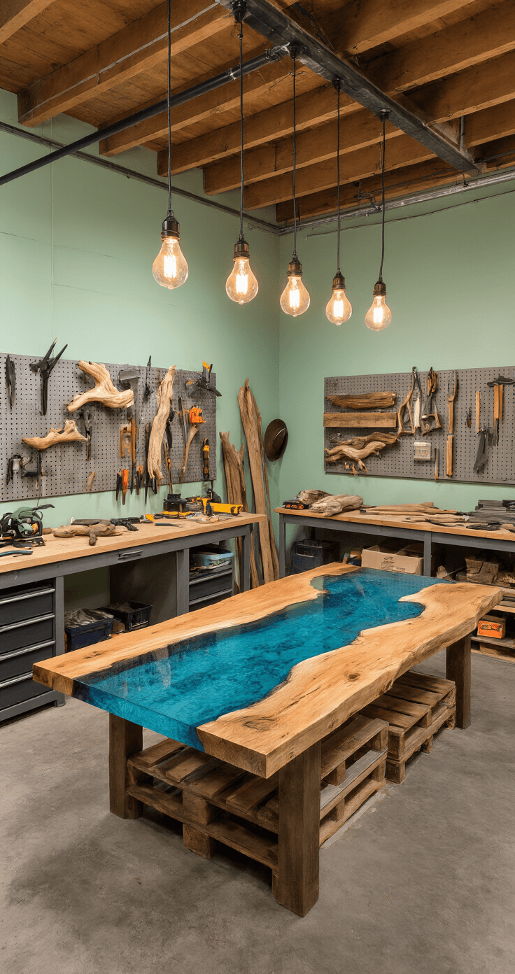 Waarom Hout Knutselen Je Thuis Transformeert Professionele werkplaats in een omgebouwde garage met geavanceerde houtbewerkingsprojecten, verlicht door industriële pendant lampen. Centraal staat een epoxyhars rivier tafel in diep oceaanblauw, omringd door precisiegereedschap aan een pegboard. De verouderde betonvloeren en zichtbare plafondbalken creëren een industriële sfeer, terwijl een vintage werkbank vol lopende projecten, waaronder drijfhoutsculpturen en palletmeubels, aanwezig is. Houtstalen in natuurlijke tinten zijn langs mintgroene muren gerangschikt. Veiligheidsuitrusting hangt georganiseerd aan haken, terwijl houtkrullen artistiek rond handplannen liggen. Lage camerahoek benadrukt het vakmanschap en dramatische zijverlichting creëert sterke schaduwen die textuur en toewijding benadrukken.