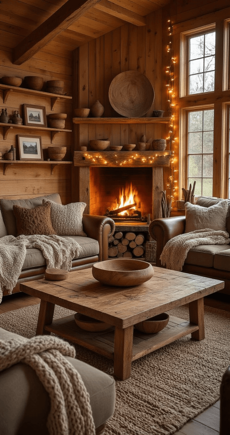 Waarom Hout Knutselen Je Thuis Transformeert Gezellige avondscène in een rustieke woonkamer met handgemaakte houten decoraties, een knapperend haardvuur dat warme gloed op honingkleurige dennenpanelen werpt, omringd door aardetinten banken en een tafel van gerecycled barnwood, met sfeervolle lichtjes van berkentakken en gezinsfoto's in houten lijsten op saliegroene muren.