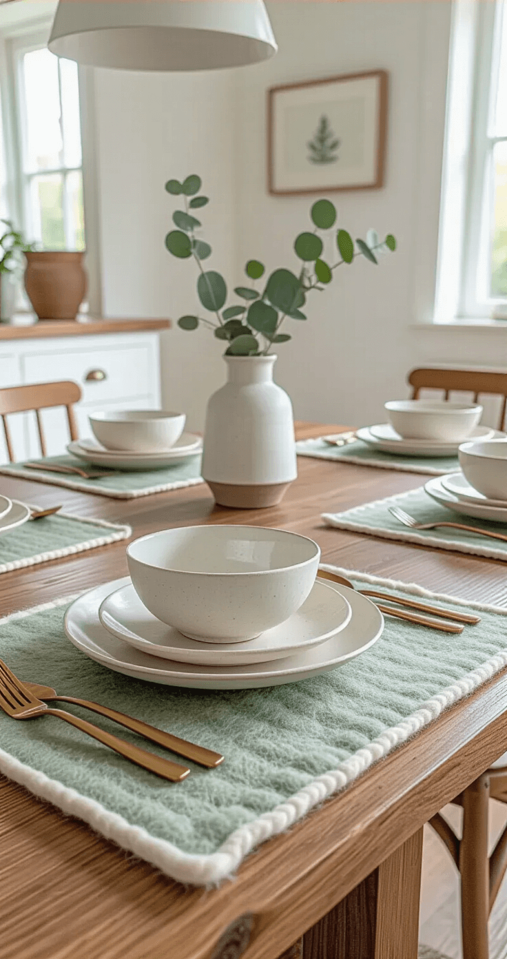 Vilten voor Beginners: Van Wolvezels naar Prachtige Huisdecoraties Dichtbij-lifestylefoto van een eettafel met nat-gefüldde placemats en onderzetters in gedempte saliegroene en crèmekleuren, gezien vanuit een 45-graden hoek met een 85mm lens, met warme, diffuse middaglicht dat de texturen van de wol benadrukt in een Scandinavische eetkamer.