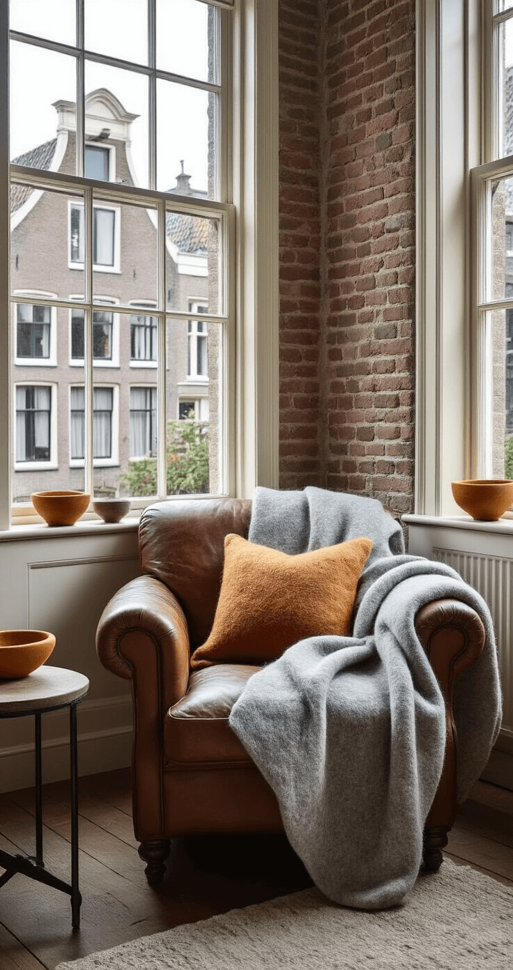 Vilten voor Beginners: Van Wolvezels naar Prachtige Huisdecoraties Cozy reading nook in a traditional Dutch canal house, featuring vintage leather armchair and handmade heather gray felted throw, with decorative felted bowls on a side table, exposed brick walls, and tall windows, all bathed in soft, overcast afternoon light.