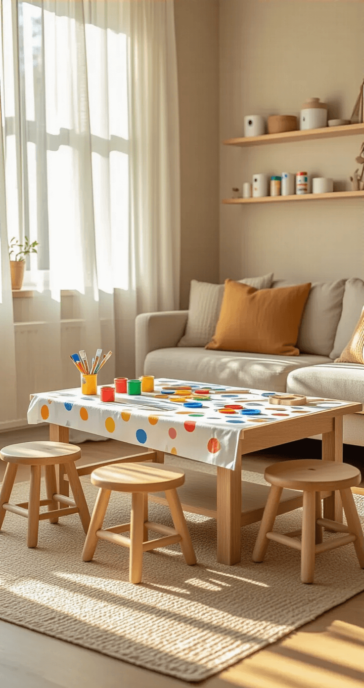 Knutselen met peuters opent een wereld vol kleuren, creativiteit en onvergetelijke momenten samen. A cozy Dutch living room corner transformed into a toddler art station, featuring a low oak coffee table covered with a colorful tablecloth, surrounded by small wooden stools, finger paints, brushes, and paper sheets, all bathed in warm golden afternoon light streaming through sheer curtains.